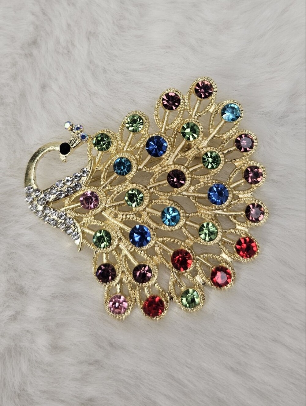 Vintage Style Multicolor Crystal Peacock Brooch NWOT